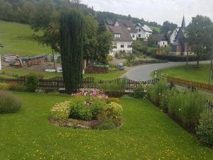 a garden with flowers in the grass next to a road at Gemütliche Wohnung für 4 Personen in Medebach