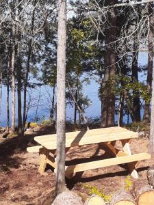 AngliersにあるPrêt à camperの木の横に座る木のピクニックテーブル