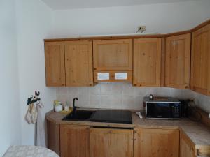 a kitchen with wooden cabinets and a sink and a microwave at Alisea Home in Pinzolo