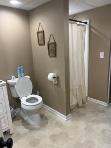 un baño con inodoro y ducha en Curtis Creek Lakehouse, en Junction City 35 fotos más