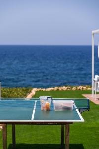 Una cancha de tenis con una canasta de frutas encima. en Lovely seaside apartments, walking distance to the beach & amenities!, en Panormos Rethymno