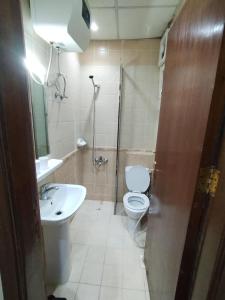 ein Badezimmer mit Toilette, Waschbecken und Dusche in der Unterkunft تولب الفضي in Az Zahrāʼ