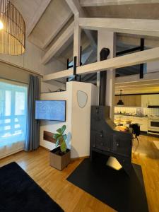 a living room with an antique stove in the middle at Il Cottage in Bellinzona