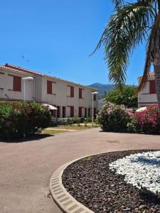a building with a palm tree and a driveway at VILLA 6 à 8 personnes dans résidence de tourisme in Argelès-sur-Mer