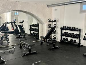 a gym with rows of exercise bikes and weights at 10 Manzoni Aparthotel in Cremona