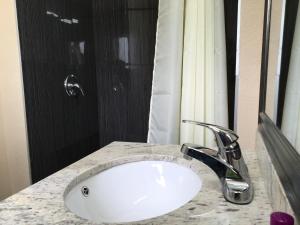 a bathroom with a white sink and a shower at Ace Budget Motel in San Diego