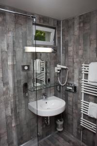 ein Bad mit einem Waschbecken und einer Glasdusche in der Unterkunft Hotel Aquarius Braunschweig in Braunschweig