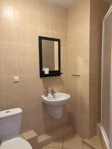 a bathroom with a toilet and a sink and a mirror at Agroturystyka Traperska Osada in Potasze +93 photos