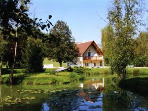 a house next to a pond in front of a house at Charming holiday home with pool and pond in Faverolles