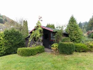 a small house in a yard with some bushes at Charmantes Refugium mit 2 Schlafzimmern in Olsberg