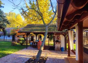a gazebo with a tree in a yard at Lassu Tanya Vendégház in Nagykőrös