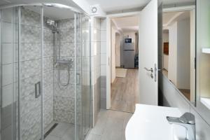 a bathroom with a shower with a glass door at THE LOFT Apartments in Ljubljana