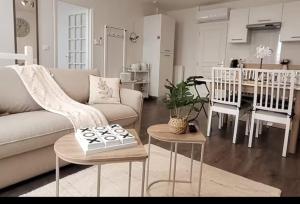 a living room with a couch and tables and a kitchen at Le Dagonneau in Varennes Vauzelles