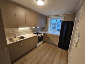 Una pequeña cocina con fregadero y refrigerador. en Solsiden trondheim 3roms, en Trondheim