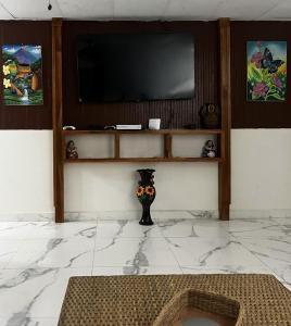 a living room with a television and a vase on the floor at Newly Remodeled Villa Las Flores, 11 guests 