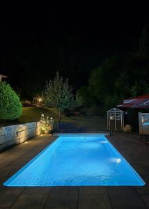a large blue swimming pool at night at Haus Hees - Urlaub im Gletscherkessel Präg in Todtnau +33 photos