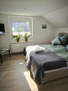 Un dormitorio con una cama y una ventana con macetas. en Ferienwohnung Am Sonnenbrink, en Goslar