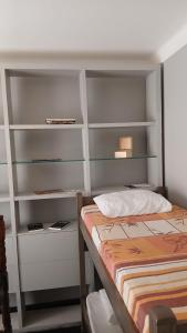 a bedroom with a bed and some shelves at Hostel Triplo J e Guest House in Salvador