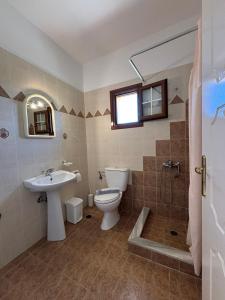 a bathroom with a toilet and a sink and a shower at Cerigo House in Kondoliánika
