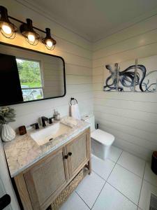 a bathroom with a sink and a mirror and a toilet at Beachfront Greenport Villa in Greenport +26 photos