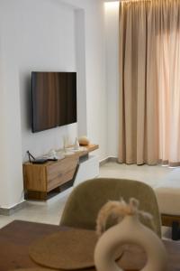 un soggiorno con TV e sedia di Elysium Luxury Living Skiathos a Città di Skiathos