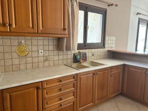 a kitchen with wooden cabinets and a sink at Lemon & Light Bright Apartment with View and Fireplace in Meligalás +15 photos