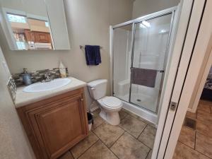Un baño con inodoro, ducha y lavabo. en Pack Creek Cabin #23, en Moab