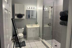 a bathroom with a shower and a toilet and a sink at Now and Zen in Charlotte