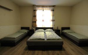 two beds in a room with a window at Pipacs Apartman in Nyíregyháza