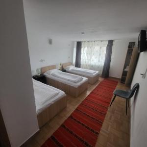 a hotel room with two beds and a red rug at Pensiunea Ela Novaci in Novaci