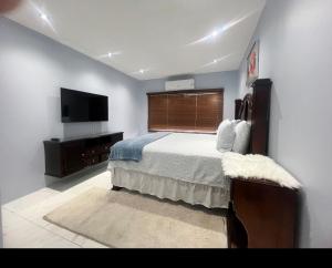 a bedroom with a bed and a flat screen tv at Luxury Home Secured in Kingston +34 photos