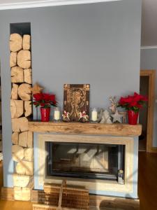 a living room with a fireplace with a christmas centerpiece at Villa z widokiem na Giewont in Kościelisko