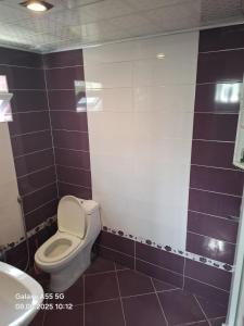 a bathroom with a toilet and purple and white tiles at Mountain view in Gabala in Bunud