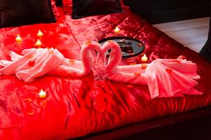 zwei rosa Flamingos auf einem roten Bett in der Unterkunft Nid d'amour romantique in Corbeil-Essonnes
