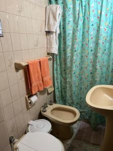 ein Badezimmer mit Toilette und Duschvorhang in der Unterkunft SUITE FAMILIAR EN CENTRO CIUDAD DE MENDOZA COCHERA DISPONiBLE in Barraquero