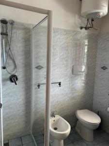 a bathroom with a shower and a toilet and a sink at Da Elisa in Chiessi