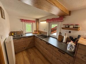 a kitchen with wooden cabinets and a sink and two windows at Grunt Sonek in Mislinja +41 photos