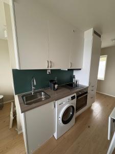 a kitchen with a sink and a washing machine at Cozy Apartment in Tromsø +4 photos