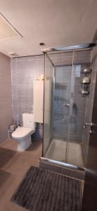 um banheiro com vaso sanitário e box de vidro em Agadir - Appartement vue mer et montagne em Agadir