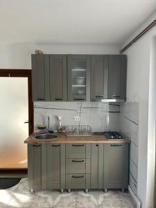 a kitchen with gray cabinets and a sink at Helga House in Turda +31 photos