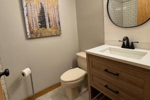 a bathroom with a toilet and a sink and a mirror at Crestview Ski Condo in Winter Park +19 photos