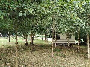 a camper parked in a field between trees at Le Lièvre et La Tortue in La Chaise-Beaudouin