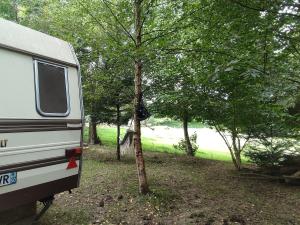 a camper parked next to a tree next to a river at Le Lièvre et La Tortue in La Chaise-Beaudouin