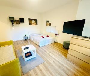 a bedroom with a bed and a flat screen tv at Golden Oasis in Belgrade