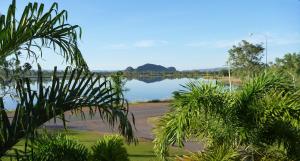 a view of a body of water with palm trees at Lakeview Apartments in Kununurra