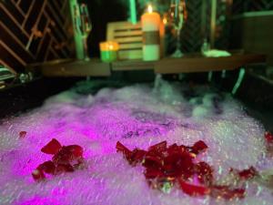 a bath tub filled with pink dye with red flowers at Cocon d'Amour - Old Tours in Tours