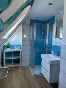 a bathroom with a sink and a shower at Lütt Lubotne in Laboe