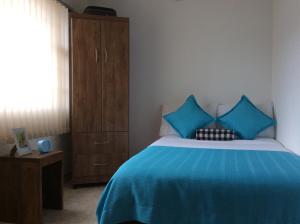 a bedroom with a blue bed and a wooden cabinet at The Palma Home in Bogotá