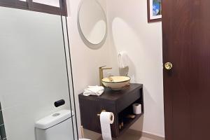 un baño con lavabo y espejo en Diversión y bosque con amigos, en Villa Victoria 27 fotos más