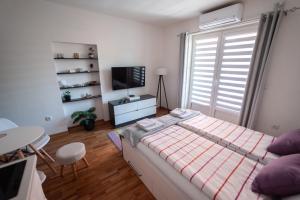 a bedroom with a large bed and a television at Dekart 2 in Niš